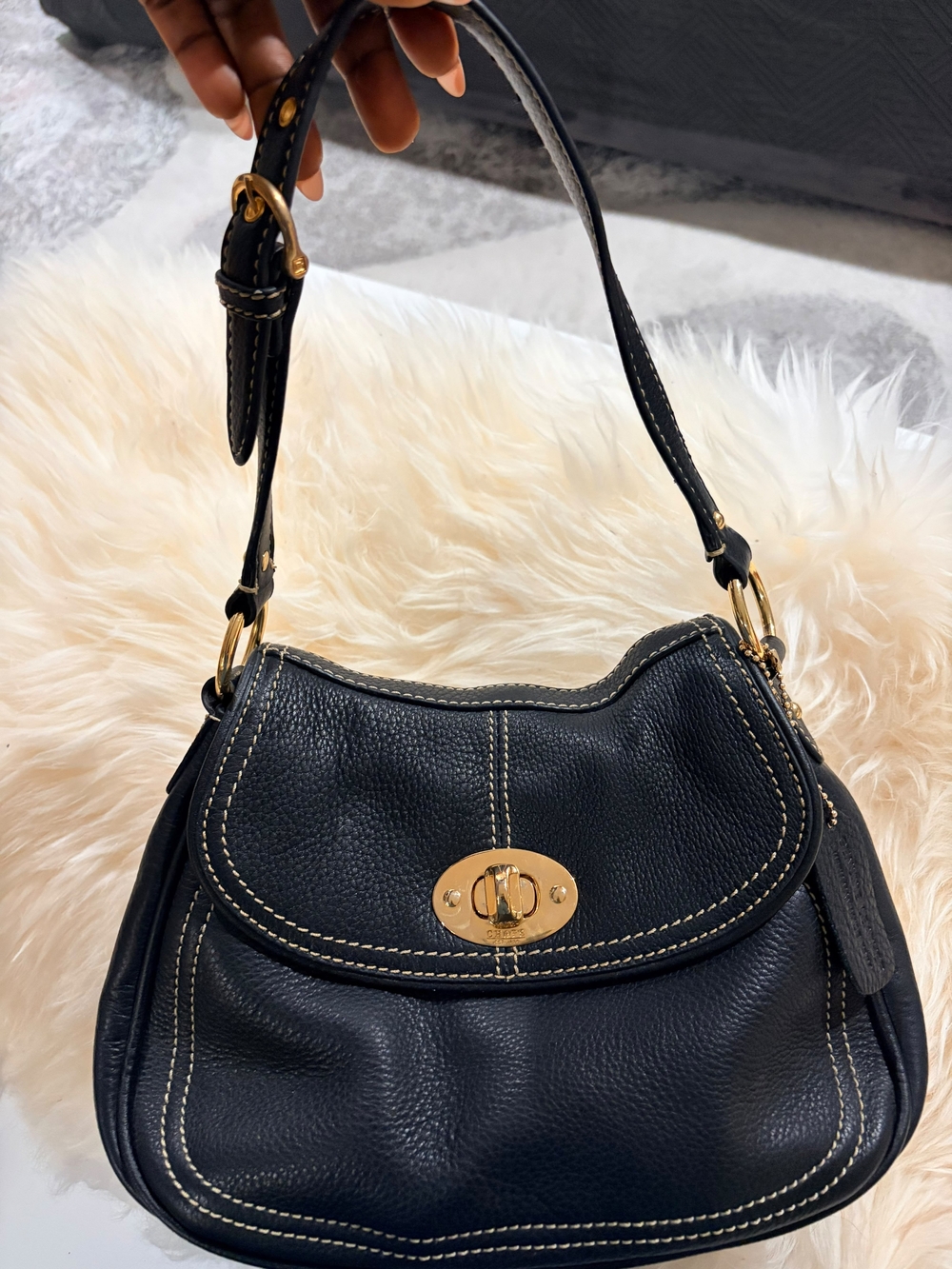 Chaps Black Pebbled Leather Mini Shoulder Bag with Gold Hardware